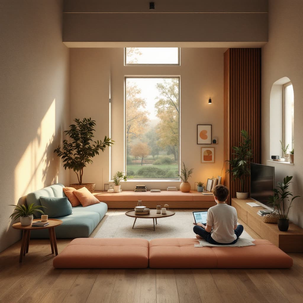 AI generated: High resolution photography interior design, dreamy sunken living room conversation pit, wooden floo...