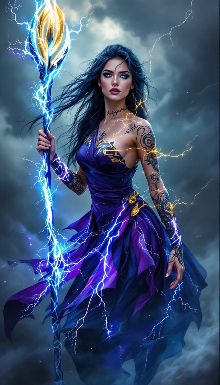AI generated: An ultra-realistic, full-body rendering of an elemental storm weaver woman, exuding raw power and un...