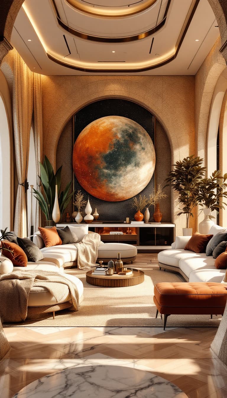 AI generated: Interior design of a home on the planet Venus, decorated beautifully with an artistic and inspiratio...