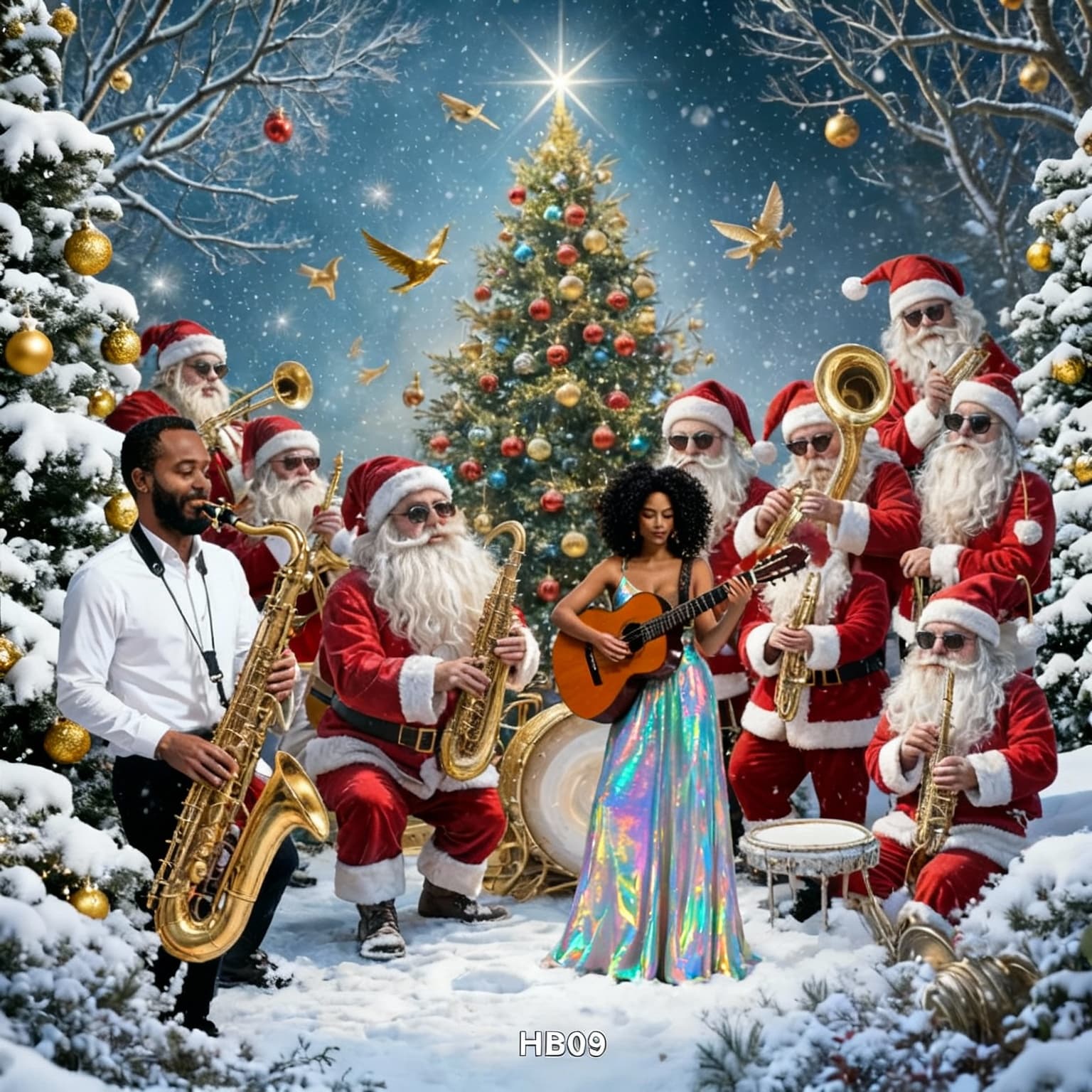 AI generated: In concert with Santa Clauses.
With the discreet and very small watermark "HB09" at the bottom of t...