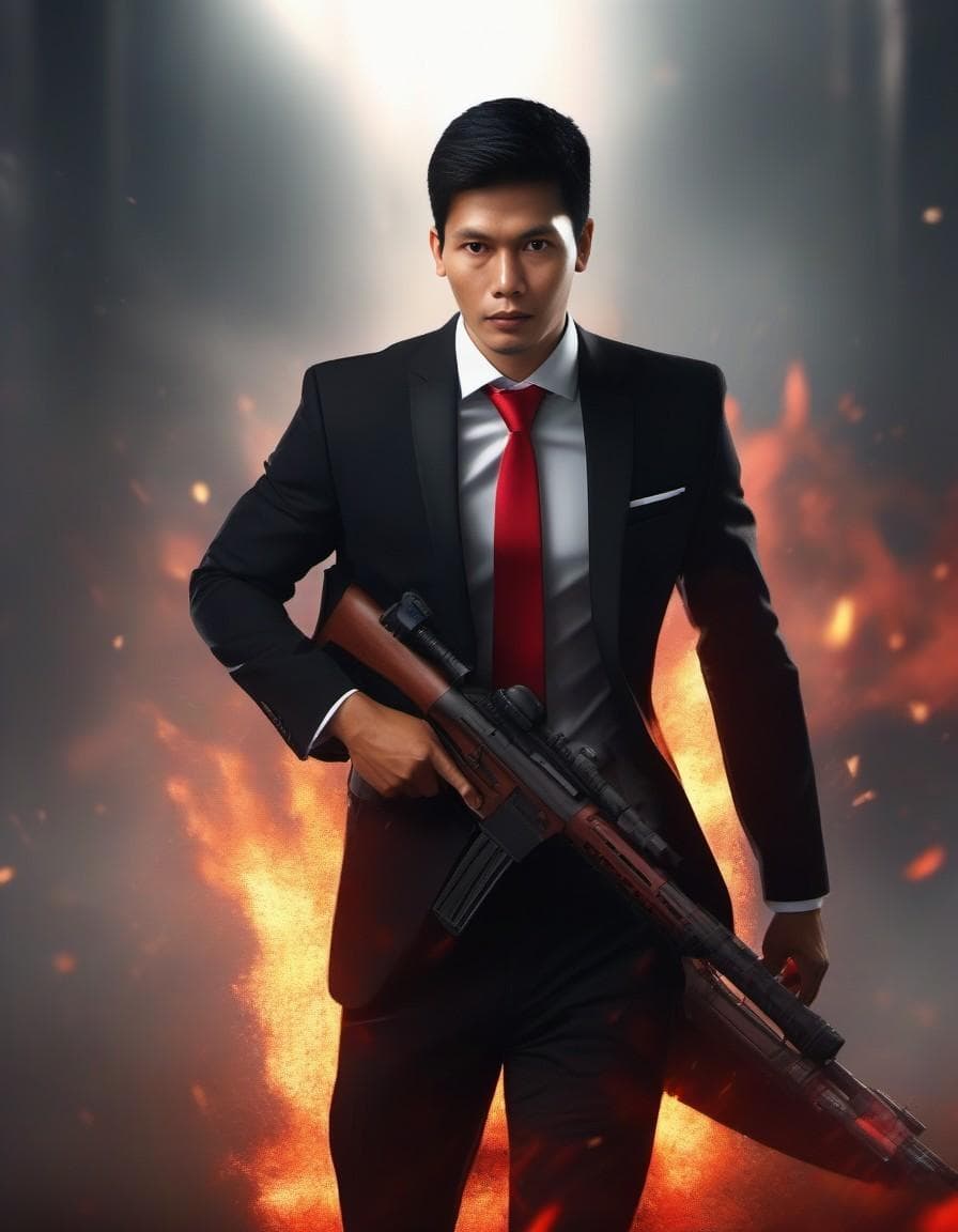 AI generated: photo of an Indonesian man 25 years old, short neat black hair wearing a black suit with a red tie a...