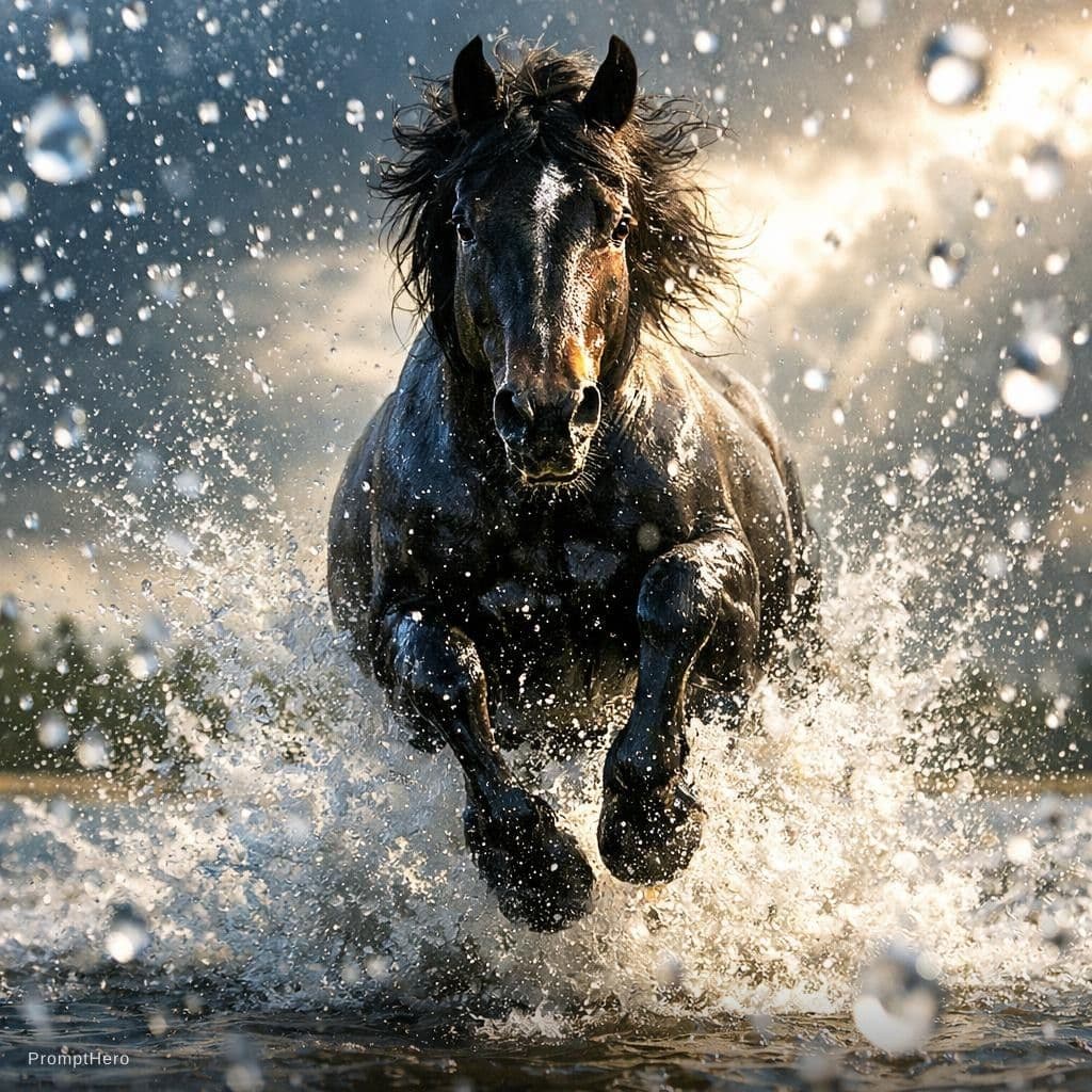 AI generated: front view of a running black horse, jumping on water, water drops on screen, dramatic daylight , su...