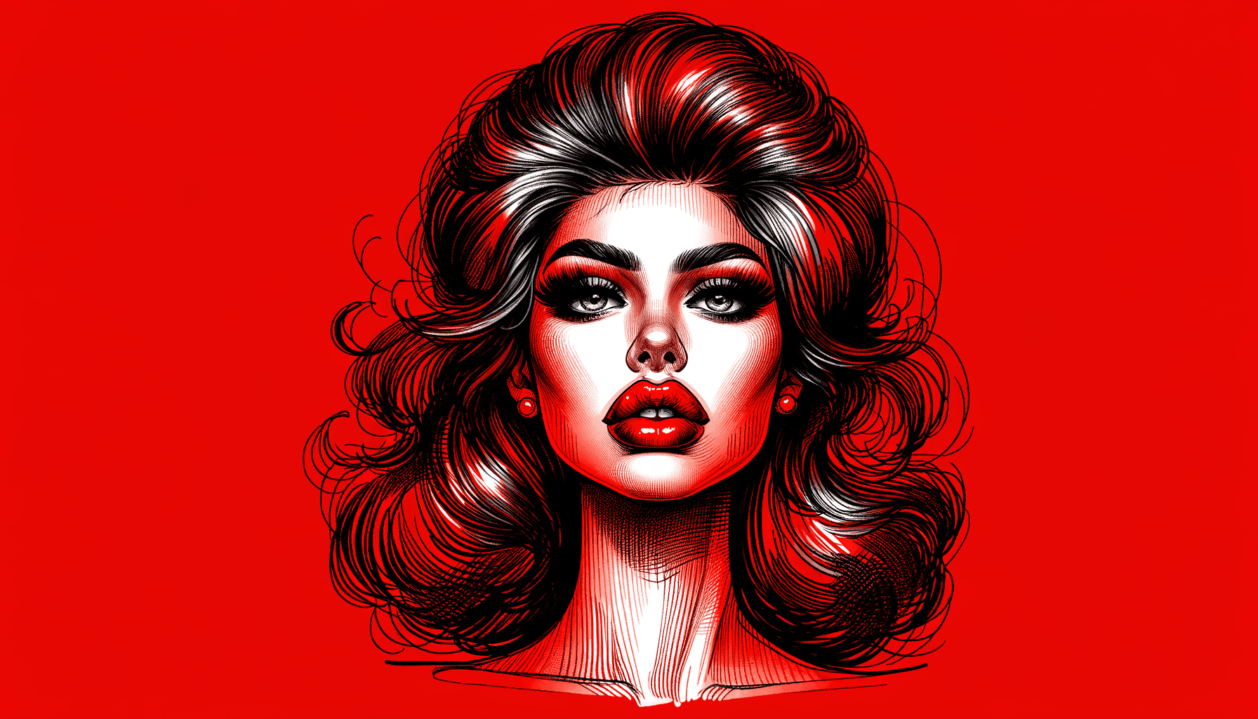 AI generated: medium side shot profile portrait photo of attractive woman with bouffant hair, thick shiny red lips...