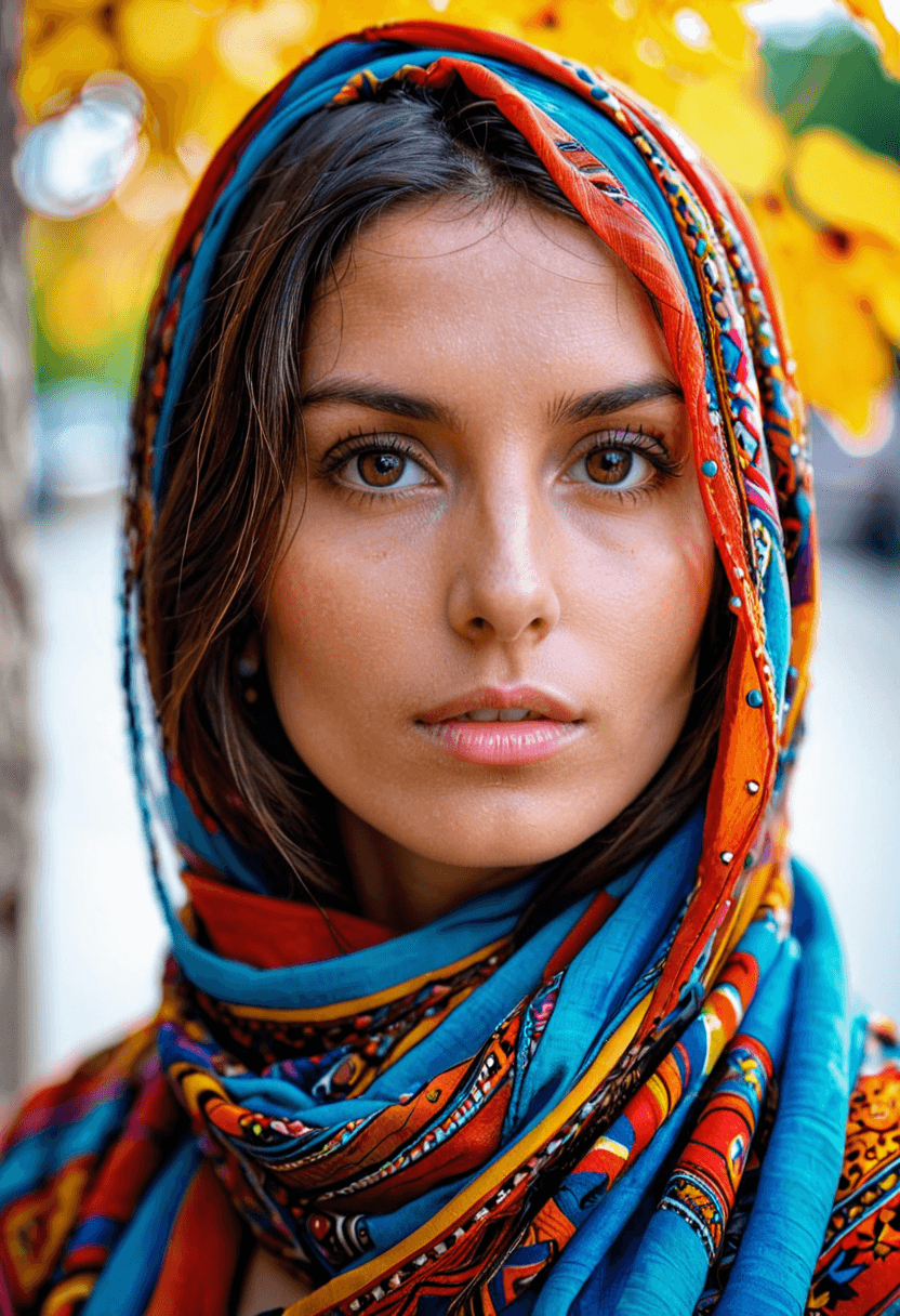AI generated: HDR photo of extreme close-up of a woman wrapped in a brightly colored beautifully detailed scarf, d...