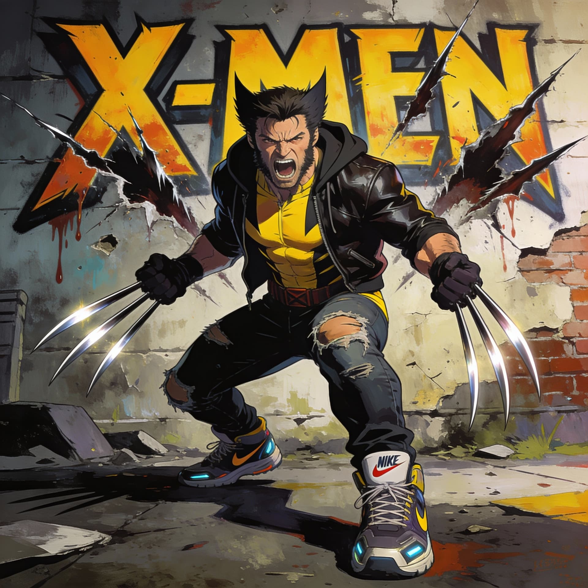 AI generated:  POV illustration of a maskless Wolverine in full berserker rage, dressed in urban hip hop attire, i...