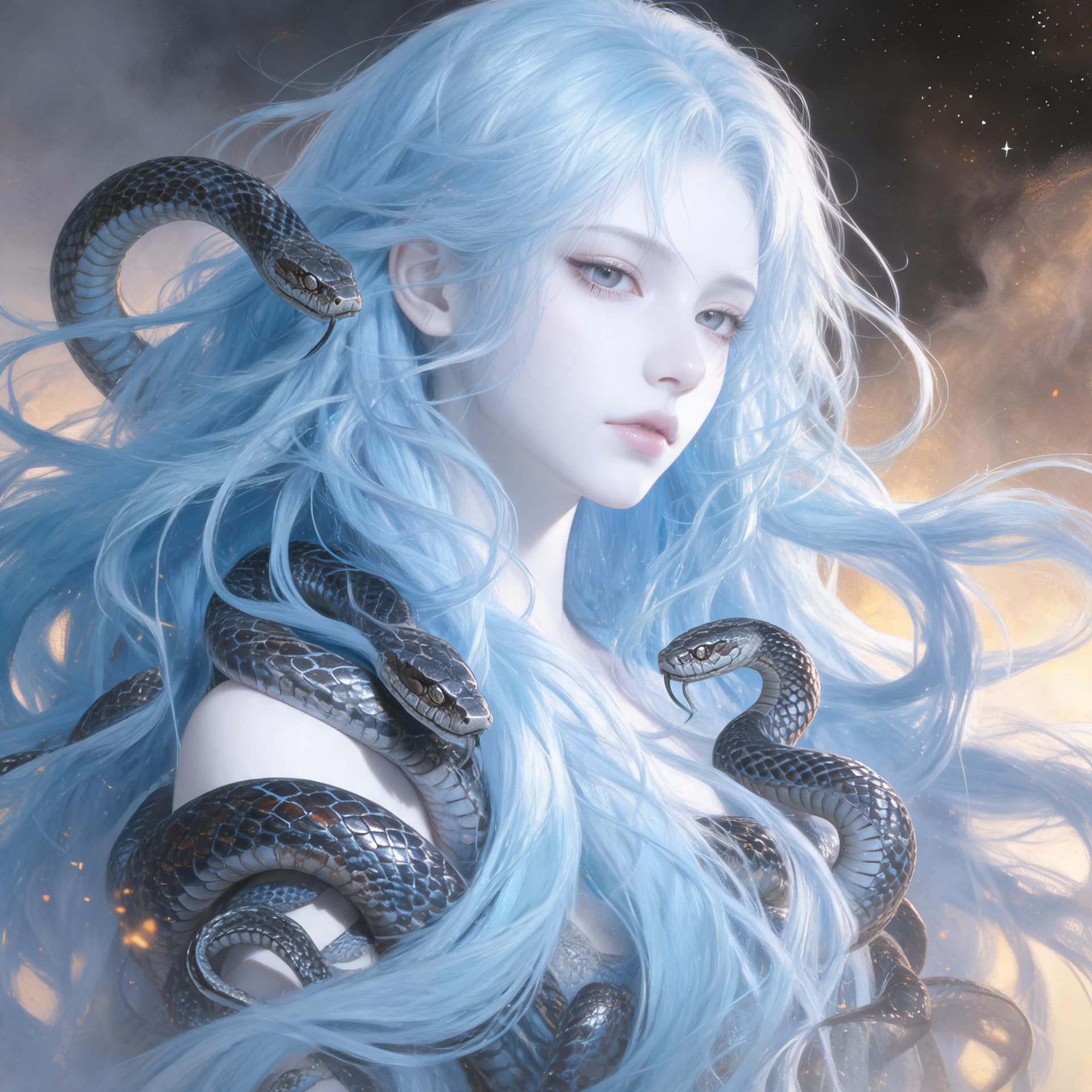 AI generated: images of a young woman, with long flowing light blue hair. with her deadly snakes, in the style of ...