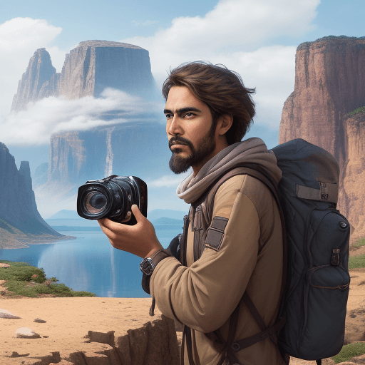 AI generated: a wondering nomad, holding a camera, with discovery of the world's wonders, his expression was looki...