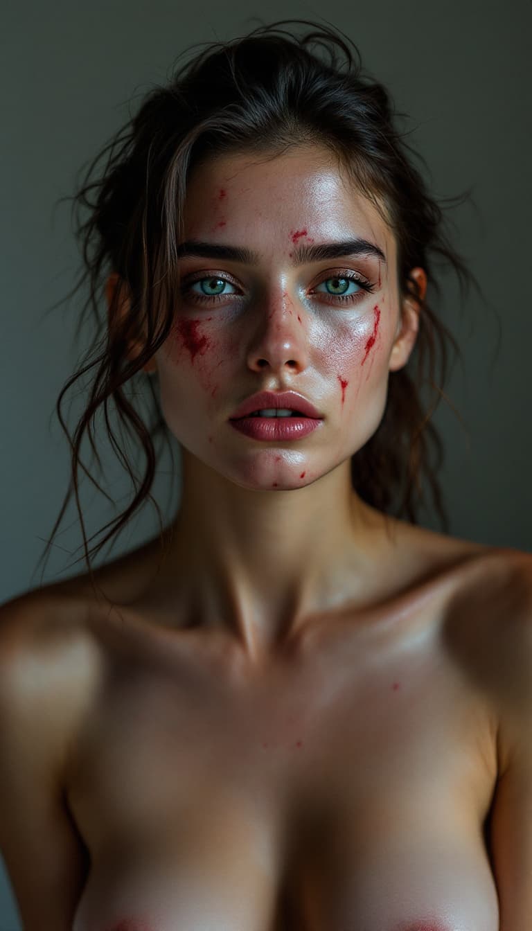 AI generated: high-resolution photograph, woman, ugly scar in the face, exposed body,  stunning use of shadows, in...