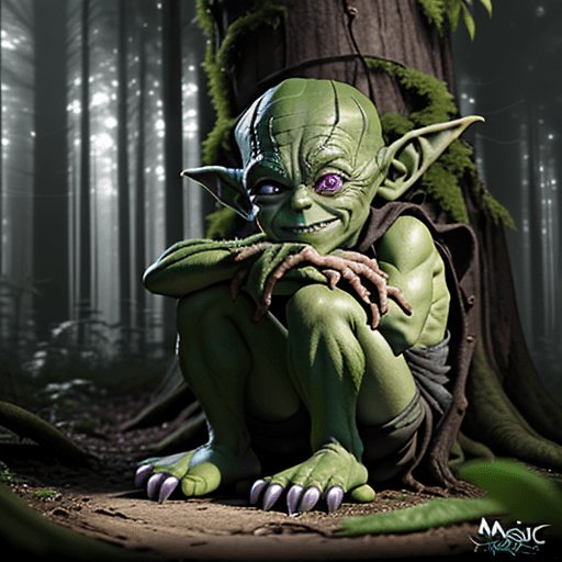 AI generated: a cute little shy green goblin with very big feet in a forest, cinematic light, 4k, photorealistic, ...