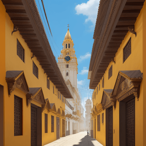 AI generated: a narrow street with multiple buildings and a clock tower, in the style of afro-colombian themes, ba...