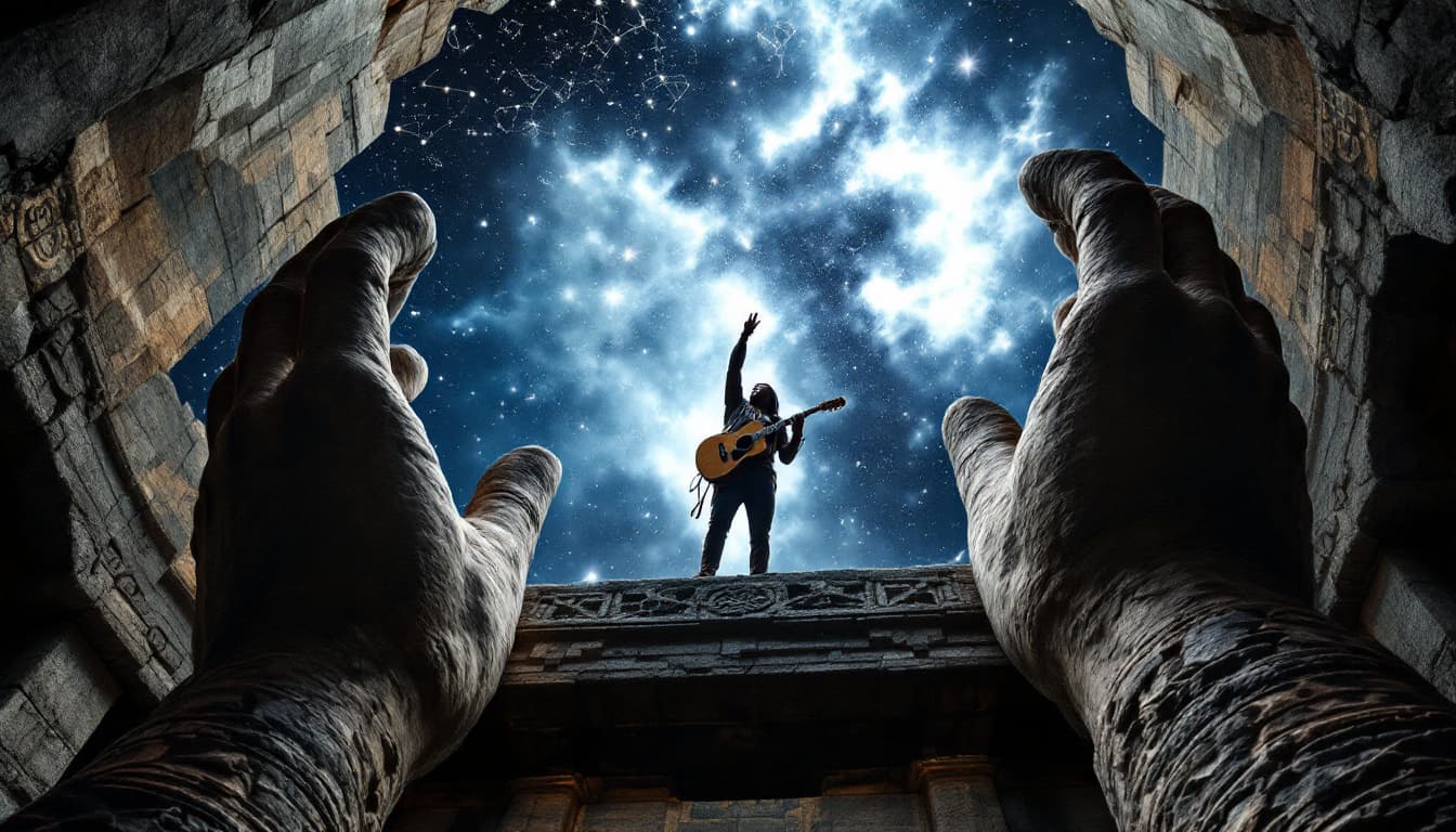 AI generated: The Sky Framed by Colossal Stone Hands (Low-Angle Shot – Deep Depth of Field)
The camera is placed b...