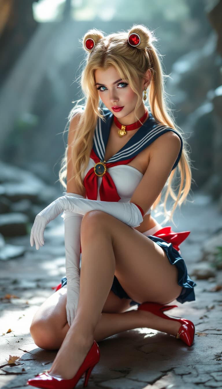 AI generated:  cute european woman,hot sailormoon cosplay ,posing , epic action scene,real photo,full body,young,s...