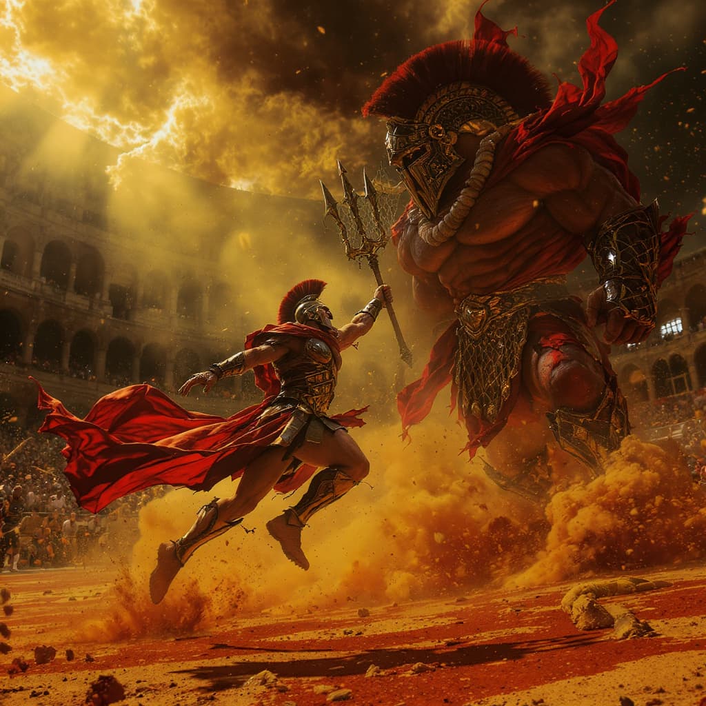 AI generated: Battle-worn Roman slave gladiator, ornate but damaged armor, crimson cloth fluttering in slow motion...