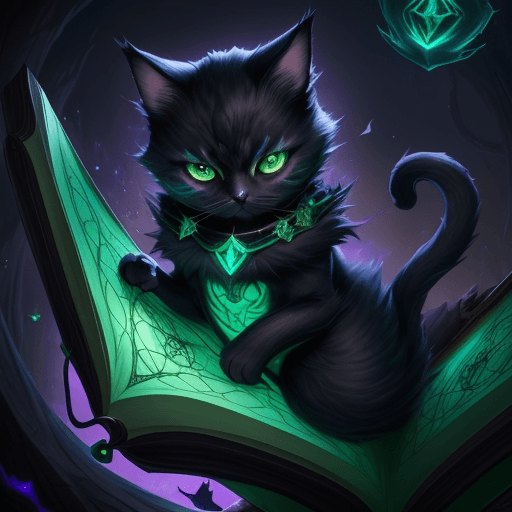 AI generated: League of Legends, Yuumi cat perched gazing on a large, open, floating spell book, black fur with th...