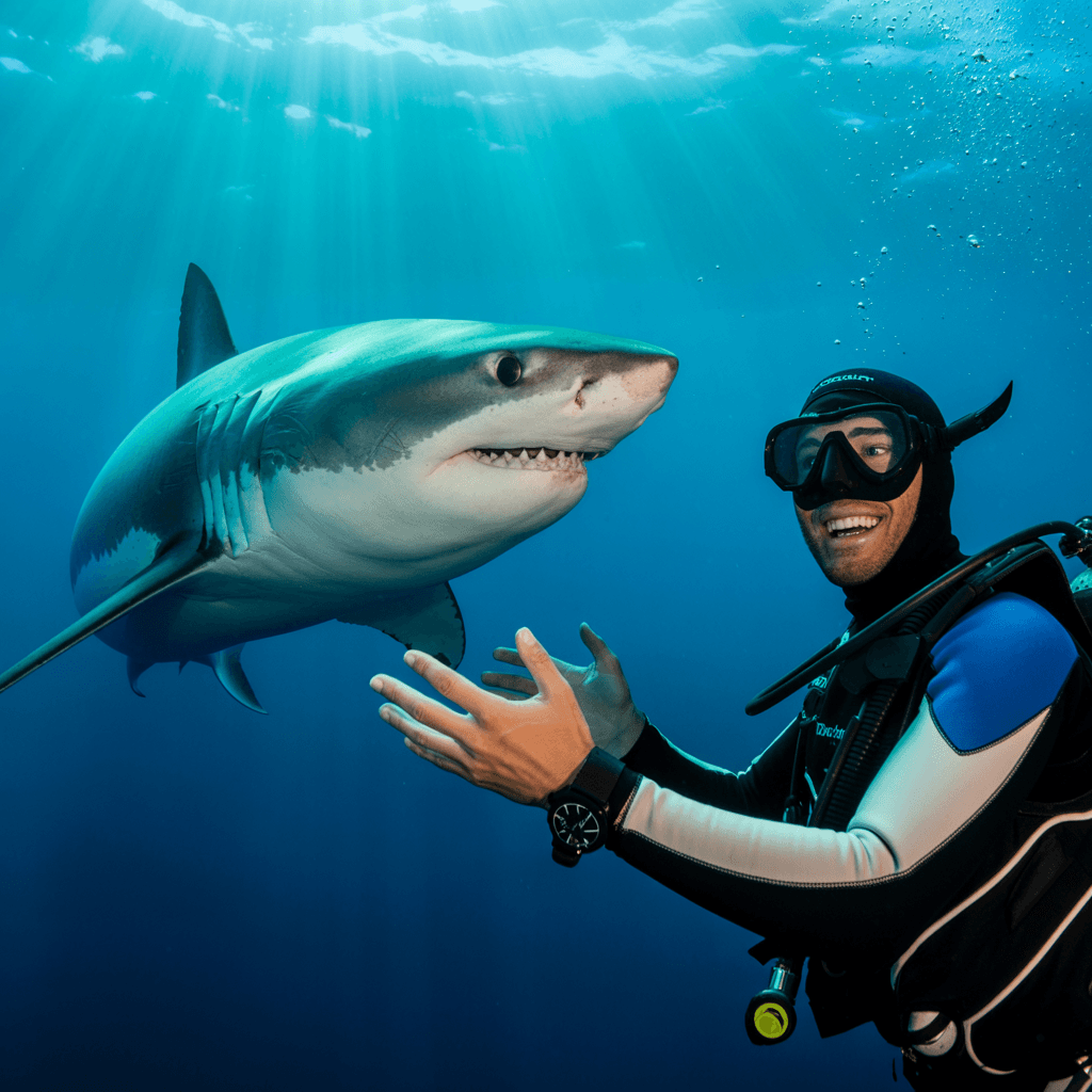 AI generated: A man scuba diving next to a great white shark, happy expression, photorealistic, iPhone photograph ...