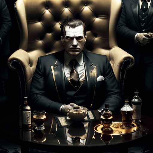 AI generated: 
dark and sad atmosphere in the foreground a golden table on the cream is money and whiskey in the b...