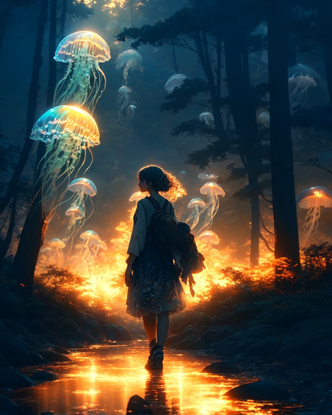 AI generated: ((Full-Body Shot)),foxgirl, tanned skin, freckles, braids, forest, shoes, skirt, anime style, horror...