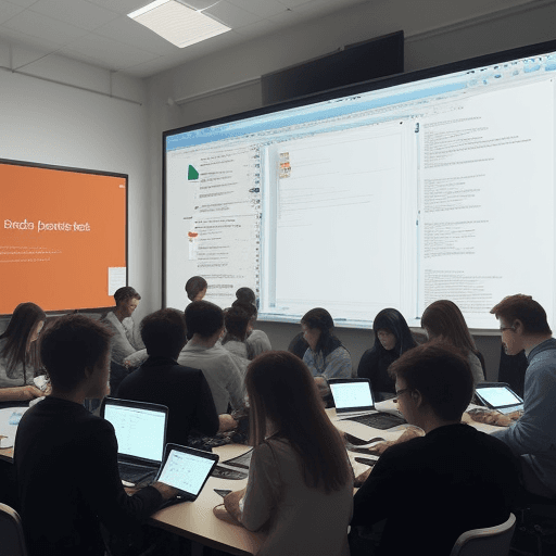 AI generated: Create a low-resolution photo of a bunch of students and engineers collaborating around a series of ...