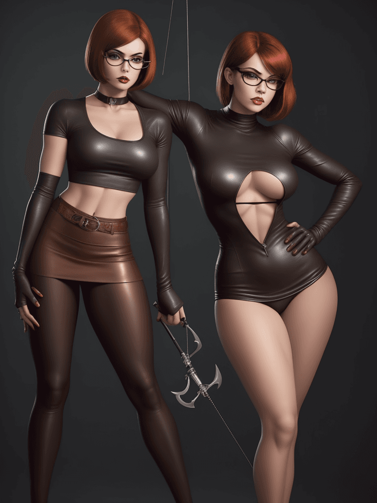 AI generated: velma from scooby-doo, very sultry look, so hot girl, beautiful charismatic girl, so hot shot, showi...
