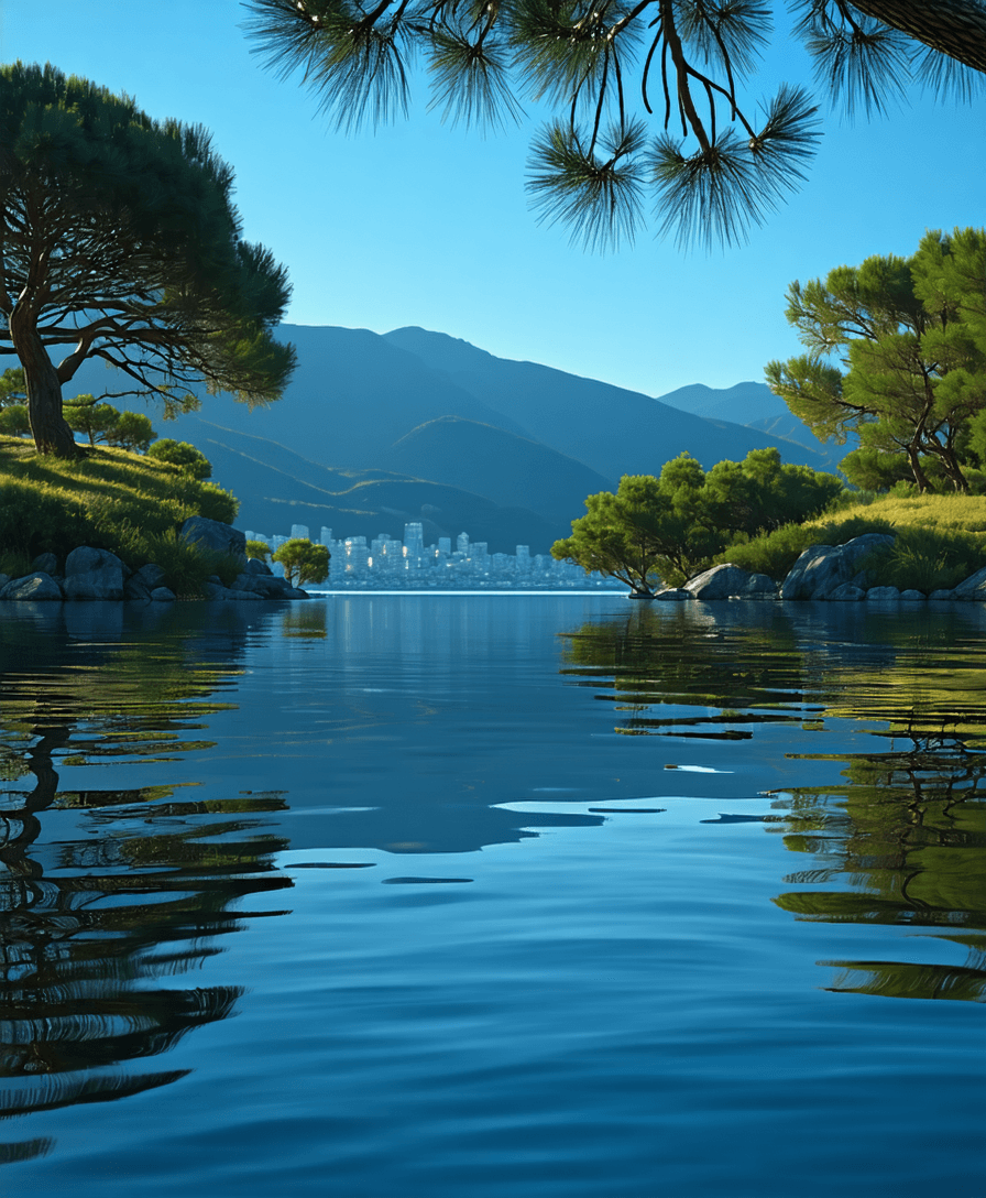 AI generated: Refine the blurry reflections on water, with no change in the component of the shot prompt .