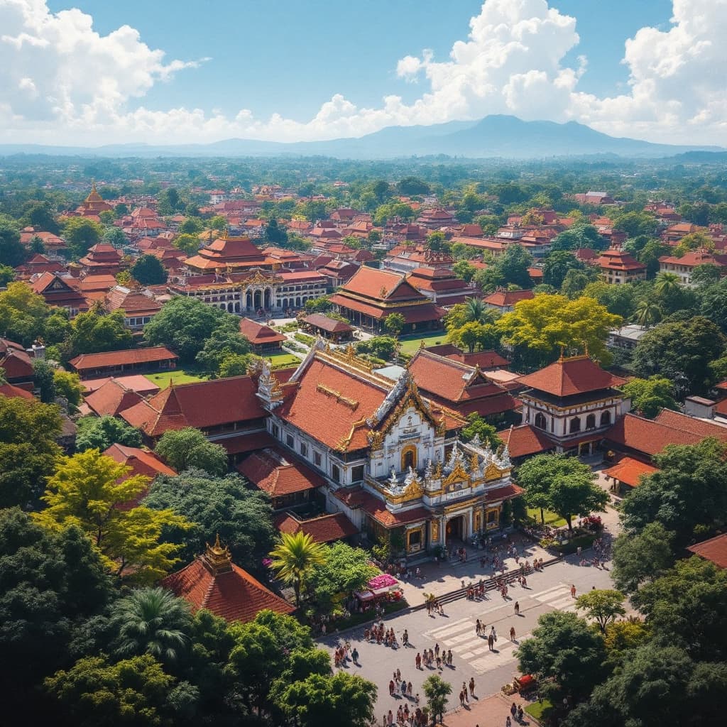 AI generated: Gambar galeri seni isometrik dari pemandangan tengah kota kerajaan Majapahit yang dilihat dari atas,...