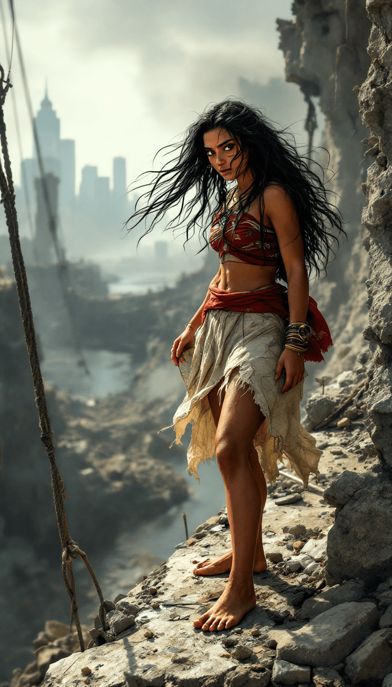 AI generated: Full body view of Moana, 18 years old, long black hair tangled with debris, wearing red bandana, bar...