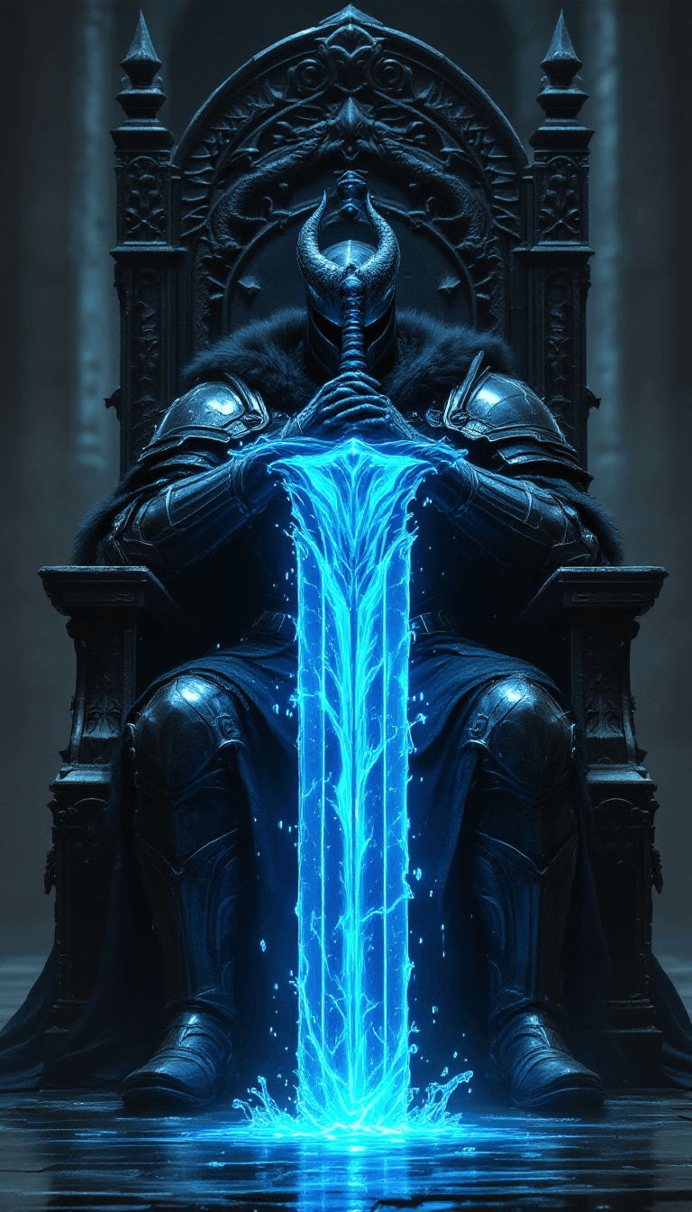AI generated: [A **dark-armored knight** sits solemnly on a **gothic throne**, gripping a **massive elemental wate...