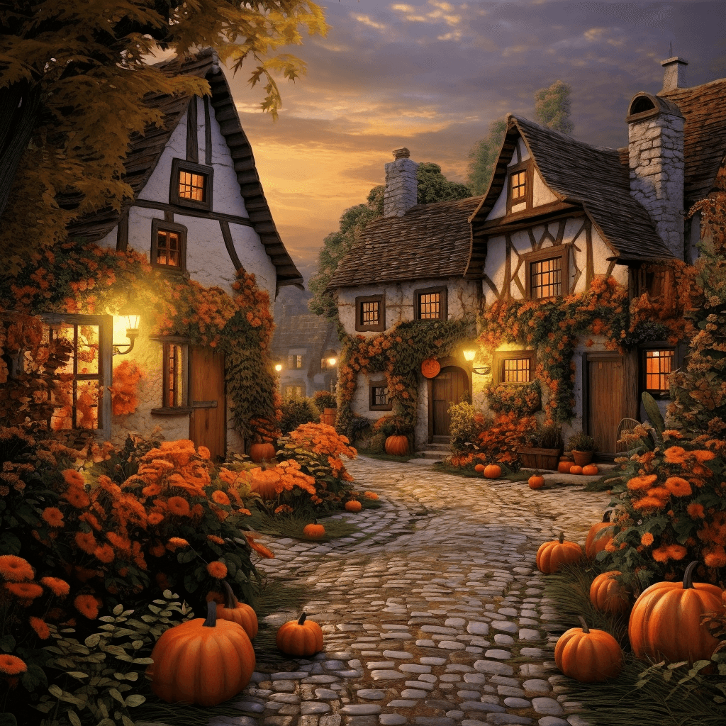 AI generated: pumpkins, autumn sunset in the old village, cobblestone houses, streets, plants, flowers, entrance, ...