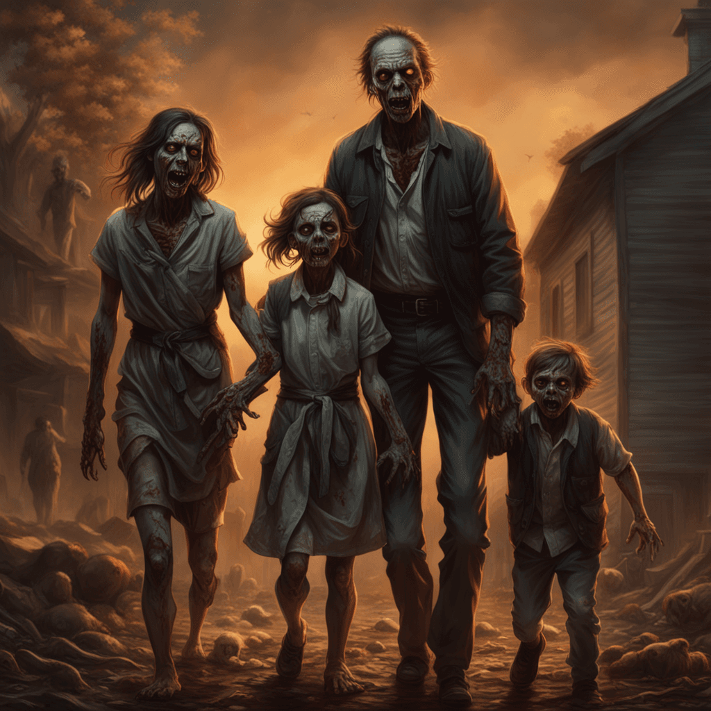 AI generated:  zombie family  on the cover of a horror novel,different cinematic scenes