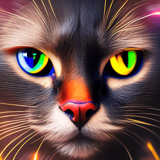 AI generated:  Portrait photo of black cat with fill of lightening colors, fierce eyes, light bokeh, intricate, (s...