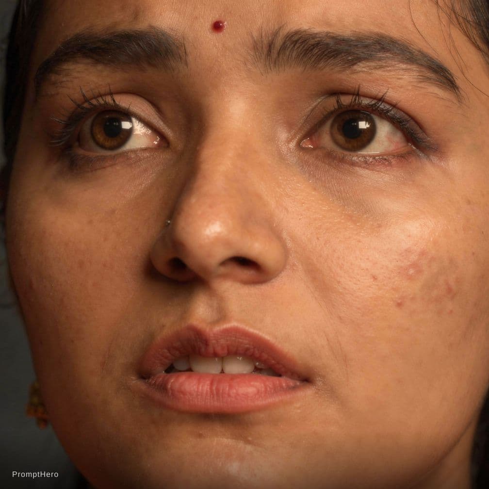 AI generated: Extreme close-up of a beautiful young woman’s face, focusing on her nose and eyes. Her nostrils slow...
