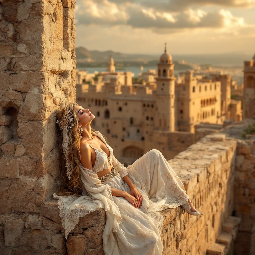 AI generated: ultra hyper realistic image of a beautiful Arabic girl , standing or lay on a wall of a fort of anci...