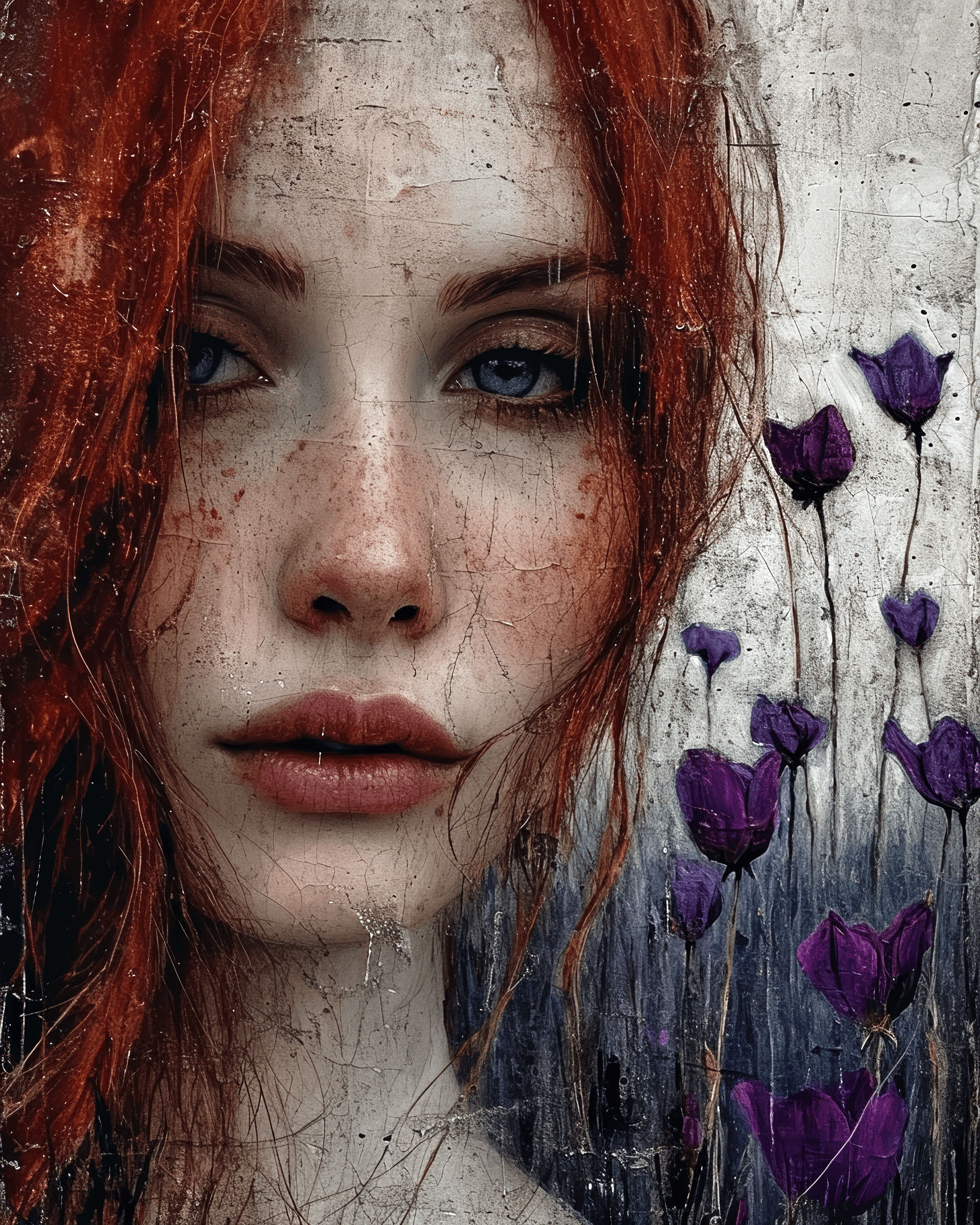 AI generated: A red skinned woman with opened eyes. The woman has long and wavy cobalt hair. The woman with white ...
