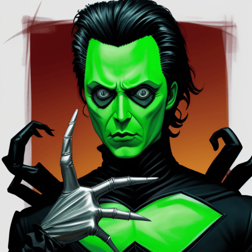AI generated: edward scissorhands as superman versus Christopher Walken as a green face spider alien 