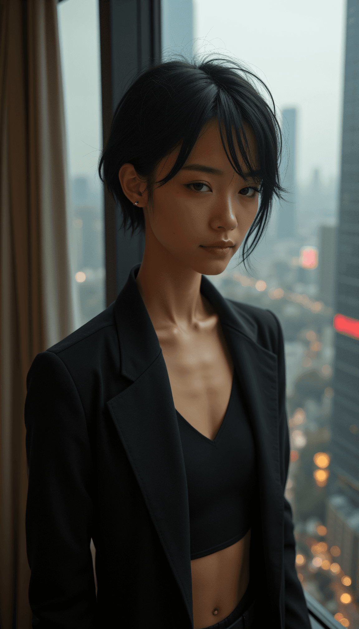 AI generated: Ultra-detailed half body portrait of a 24 year woman, bearing a prominent facial scar that cuts acro...
