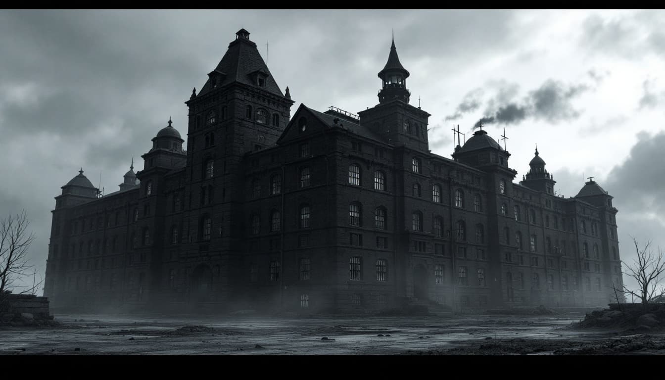AI generated: (6-story:2.2) grand building, black exterior brick walls, prison atmosphere, bars on windows, depres...