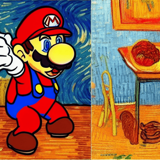 AI generated: Nintendo’s Mario eating spaghetti and meatballs in the style of Vincent van Gogh