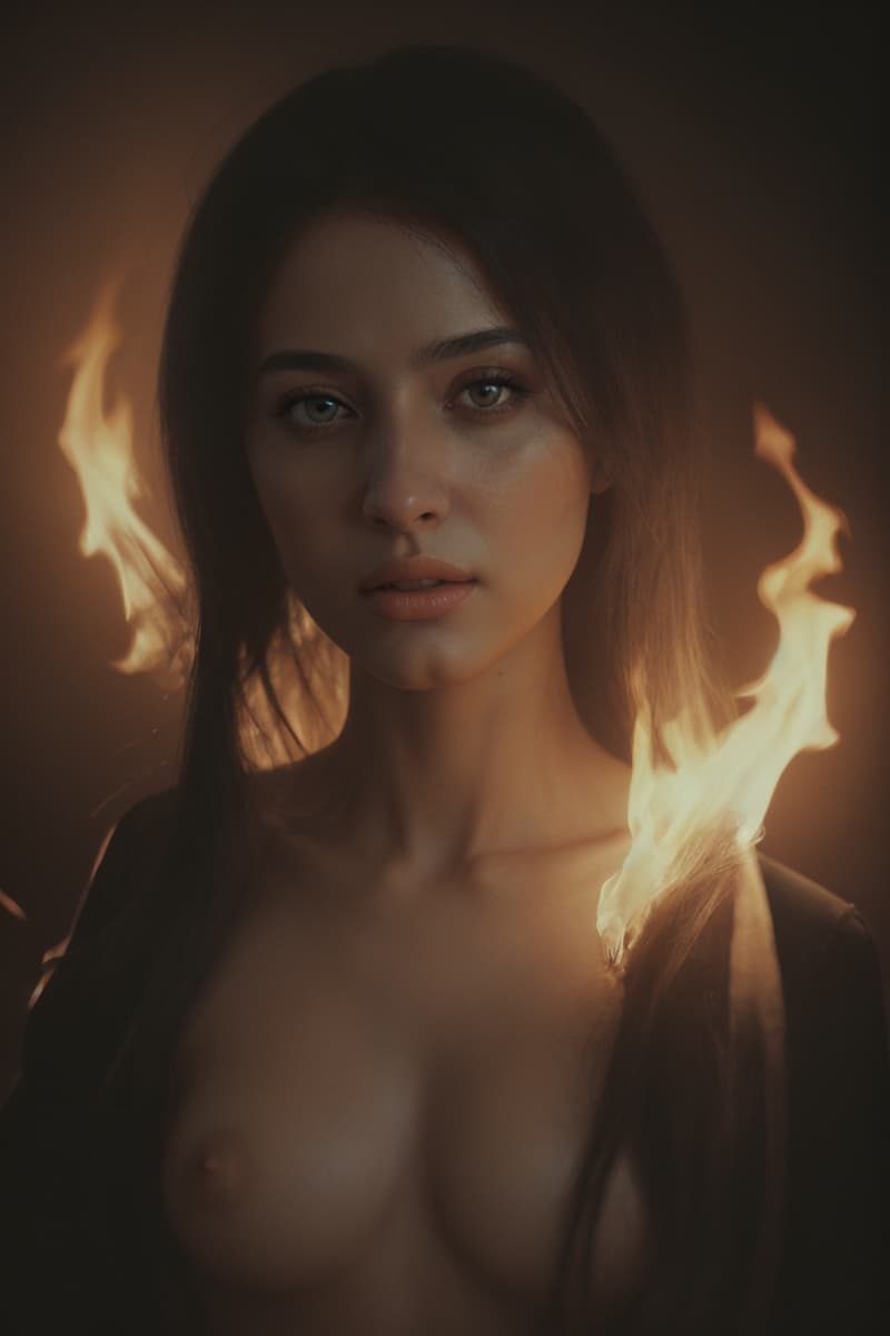 AI generated: a (naked:1.2) (arab:1.2) woman, (chiaroscuro:1.2) modelshoot style outside in a forrest with a fire ...