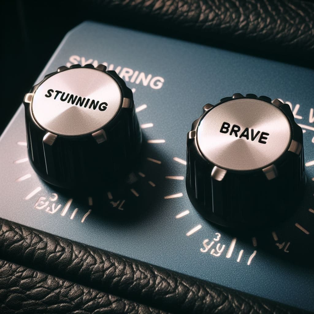 AI generated: a close-up of two knobs on a guitar amp, which are labelled "Stunning" and "Brave." The labels sugge...