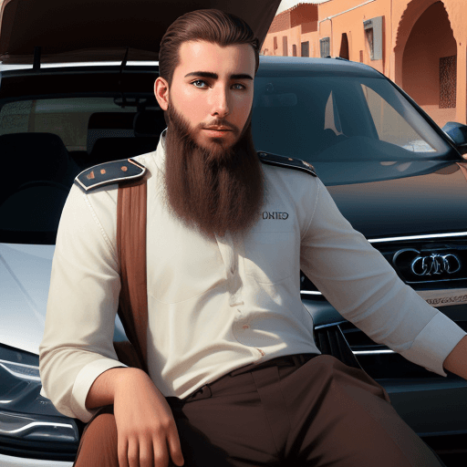 AI generated: Realistic picture / of a young man / uniform / brown hair / side beard / in the Moroccan city of Mar...