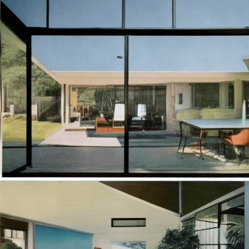 AI generated: Hyper realistic eye level exterior photo of a mid century modern style house overlooking the ocean, ...