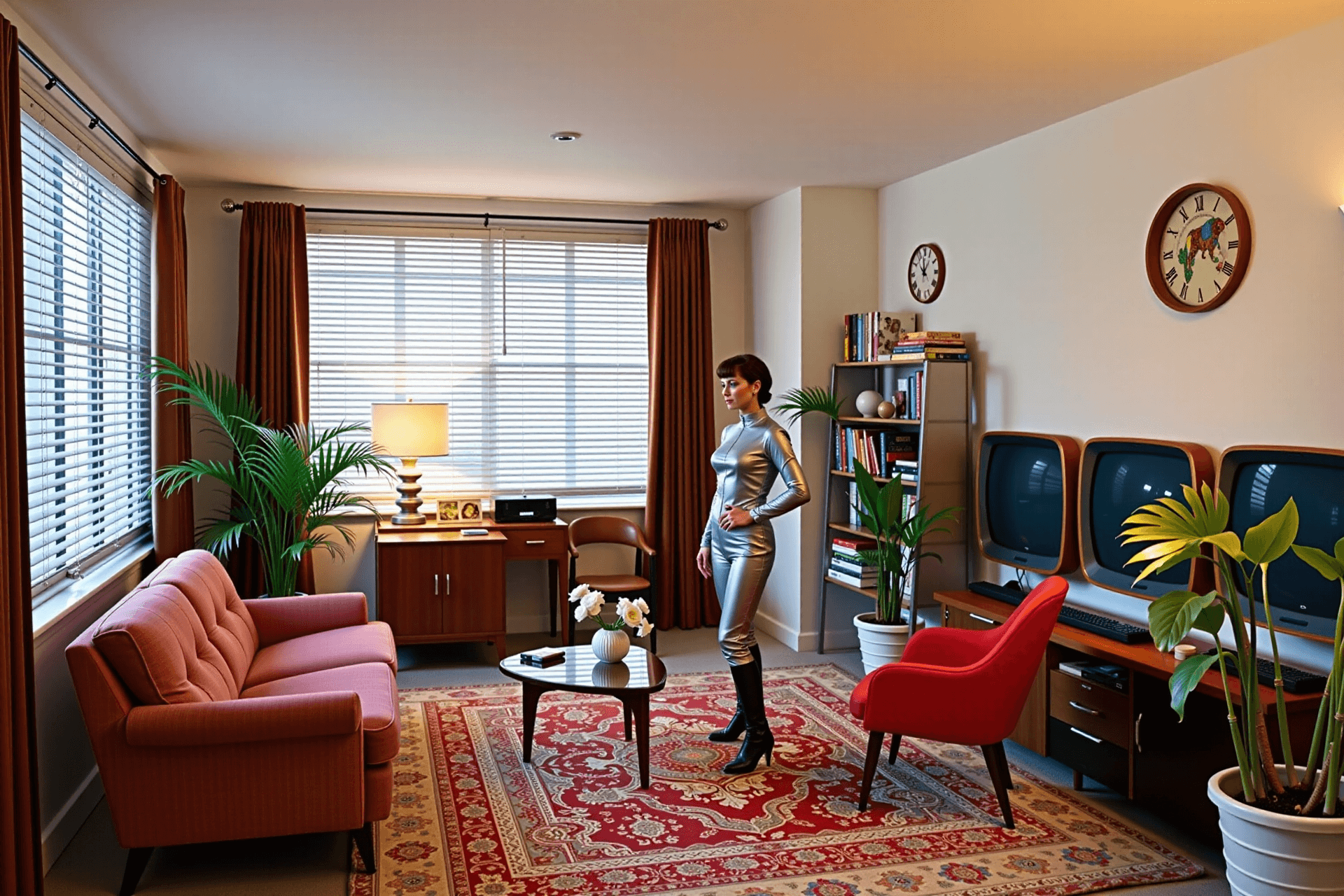 AI generated: retro-futuristic apartment interior, midcentury furniture, round monitors, synthetic plants, woman i...