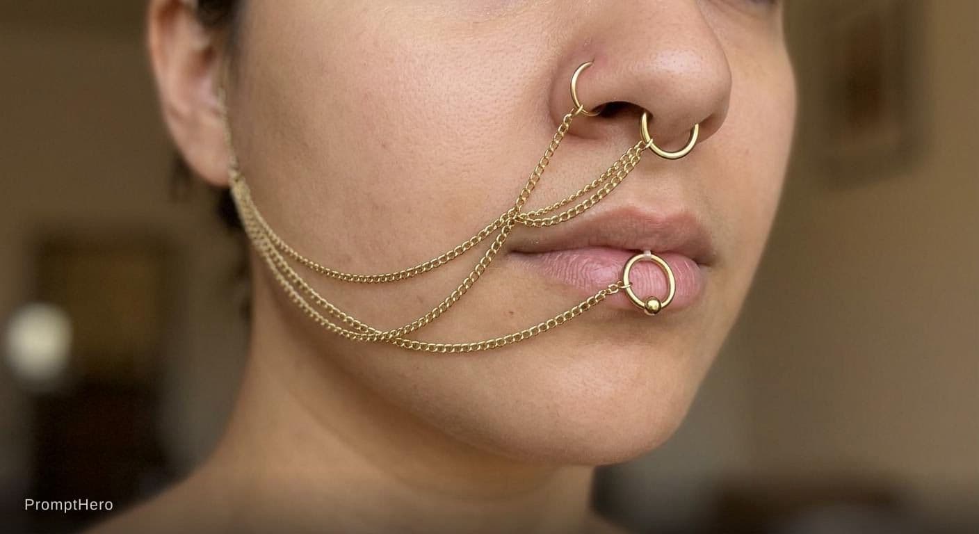 AI generated: Change the piercings to rings. Add a gold chain made of small links that connects the nipple piercin...