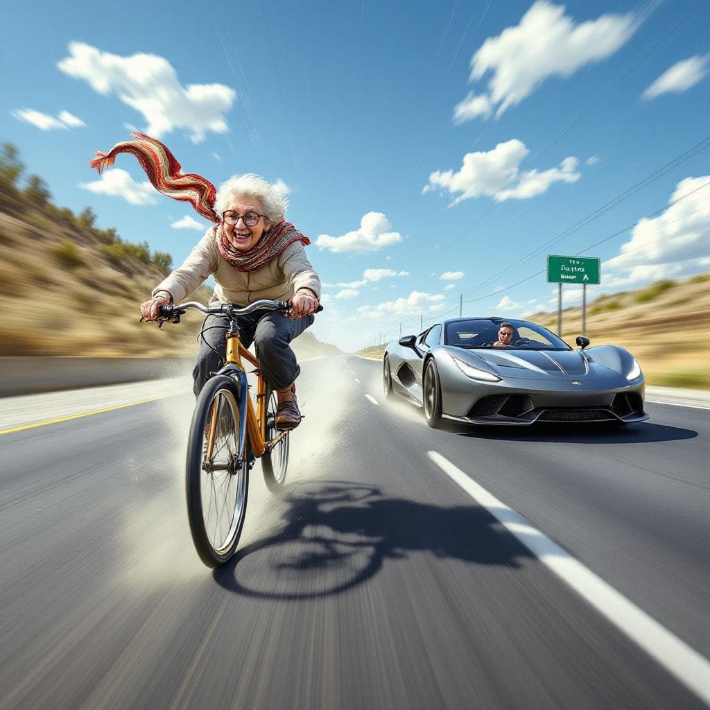 AI generated: The image depicts a humorous and surreal scene on a highway. An elderlywoman is riding a classic bic...