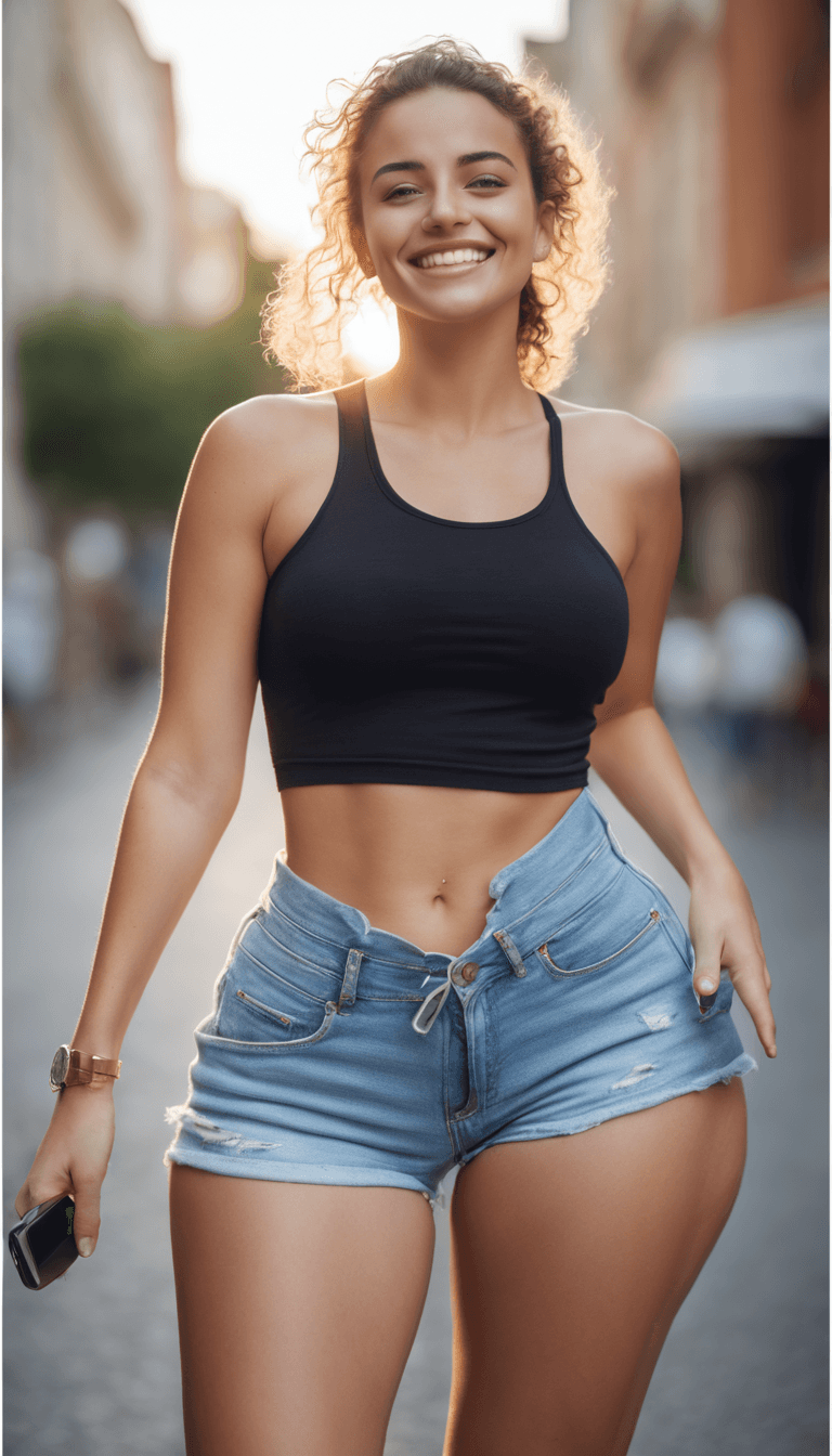 AI generated: The image features a happy young beautiful woman standing on a sidewalk, smiling, beautiful long and...