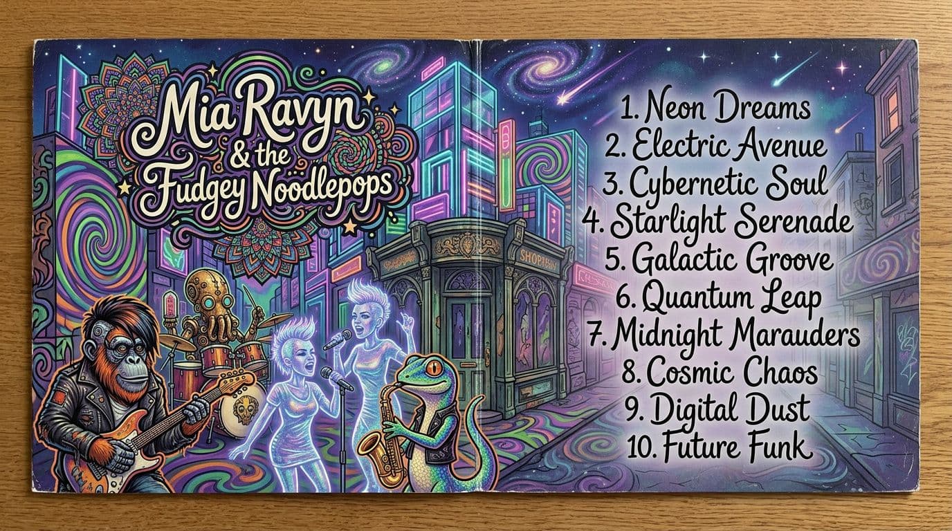 AI generated: Vinyl record double LP embossed album cover, 2020s street graffiti psychedelia style, opened to reve...