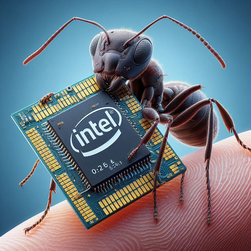 AI generated: A Leafcutter Ant carrying a Intel chip. Electron microscope scan. realistic size proportions. macrop...