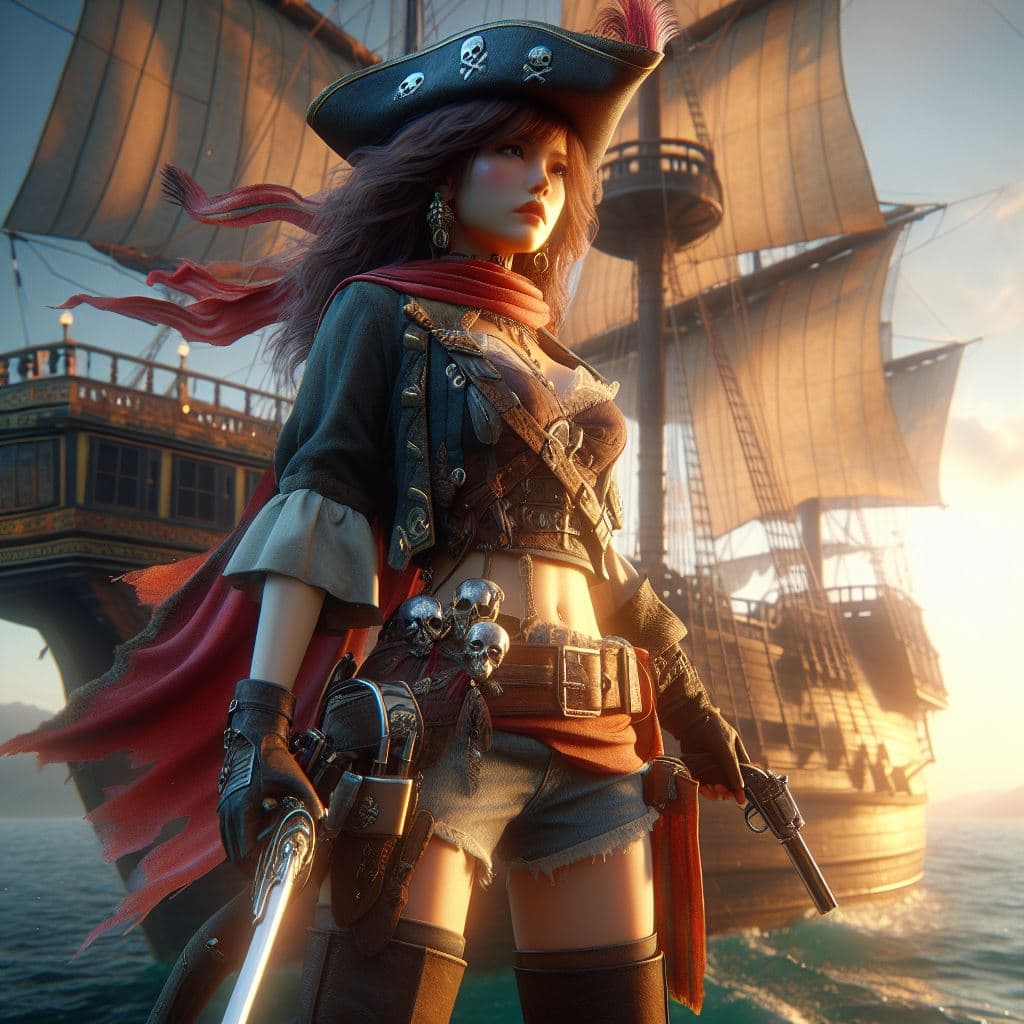 AI generated: a sailing ship, (Female pirate:1.5), pirate suit, pirate hat, pirate boots, illuminating their color...