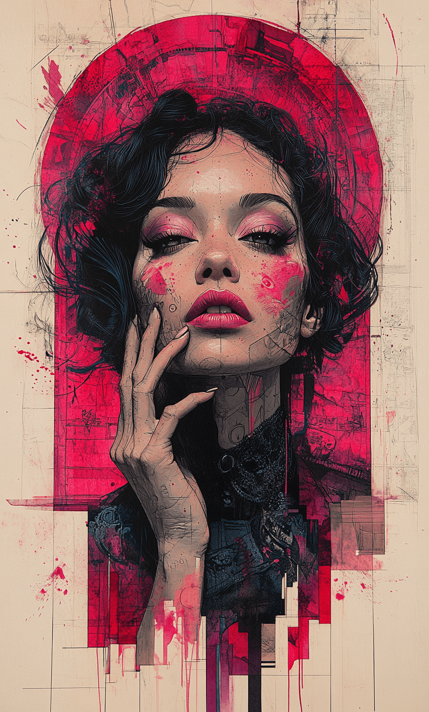AI generated: A tattooed woman, with her hand on her face, in the style of bold colors and quilt-like patterns, ag...