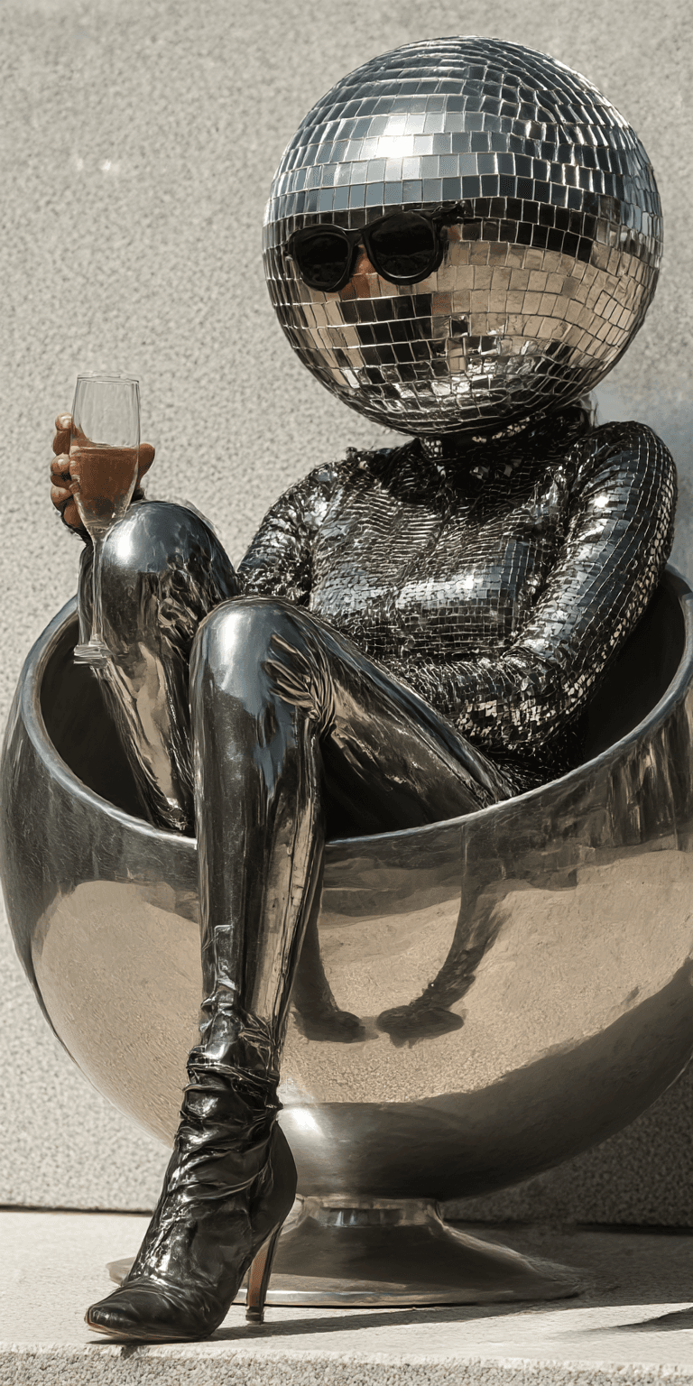 AI generated:  a metallic silver disco ball-like head, sitting in a large bowl-shaped chair and holding a champagn...